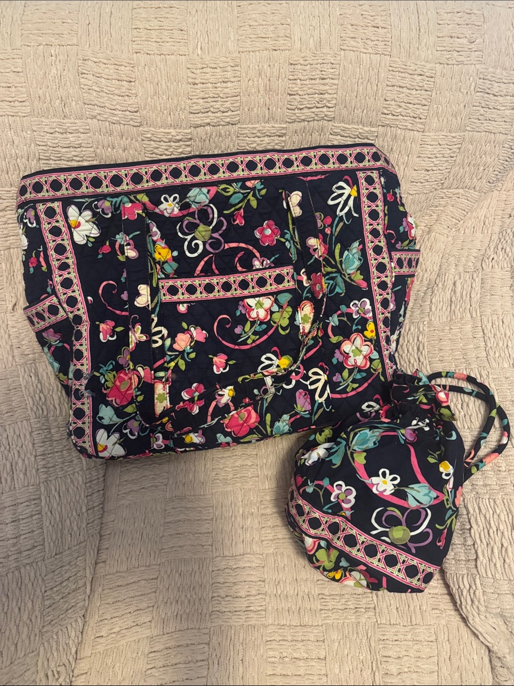 Vera Bradley Quilted Floral Tote Bag in Blue and Pink